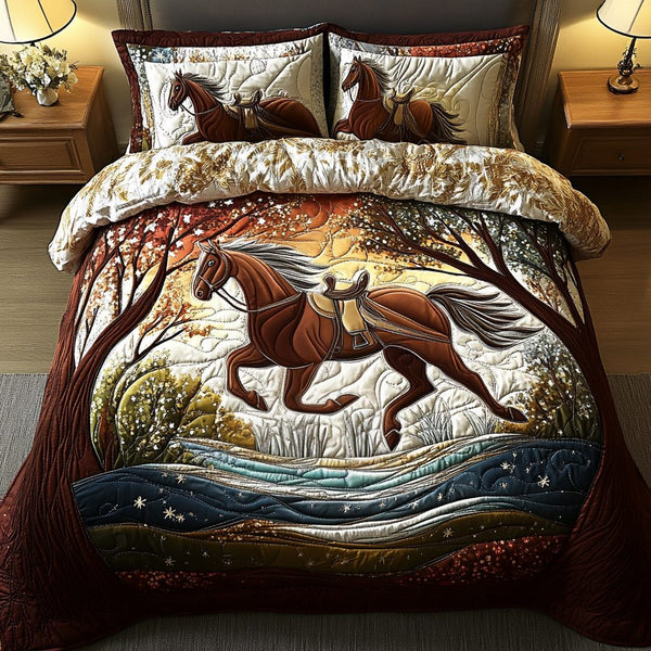 Moonlit Mane quilted 3-piece bedding set on a made bed with two matching pillow shams