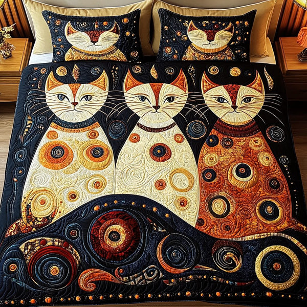 Moonlit Meow quilted 3-piece bedding set on a made bed with two matching pillow shams