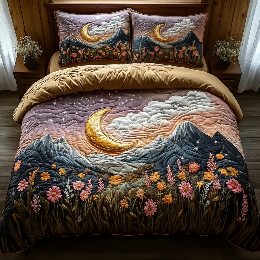 Moonlit Mountain Landscape quilted 3-piece bedding set on a made bed with two matching pillow shams