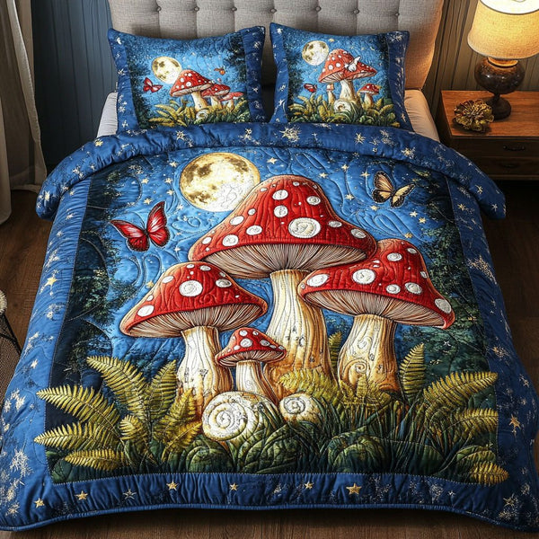 Moonlit Mushroom Garden quilted 3-piece bedding set on a made bed with two matching pillow shams