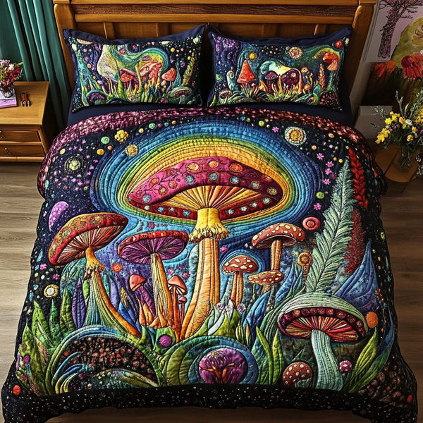 Moonlit Mushrooms quilted 3-piece bedding set on a made bed with two matching pillow shams