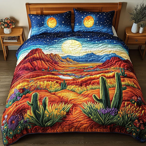 Moonlit Oasis quilted 3-piece bedding set on a made bed with two matching pillow shams