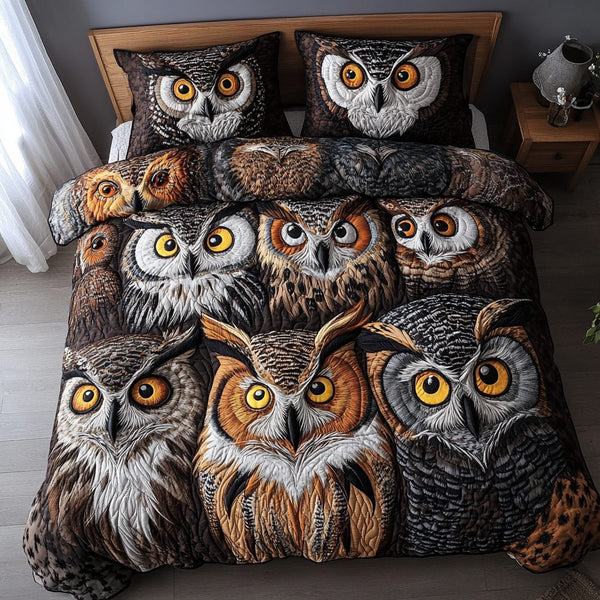 Moonlit Owl quilted 3-piece bedding set on a made bed with two matching pillow shams