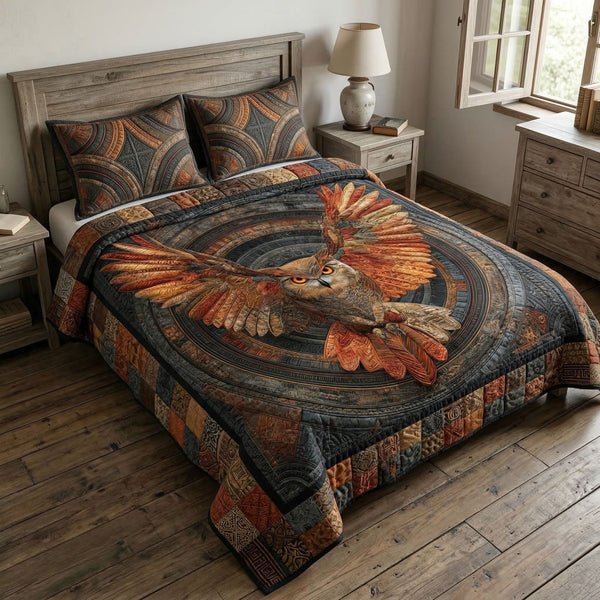 Moonlit Owl quilted 3-piece bedding set on a made bed with two matching pillow shams