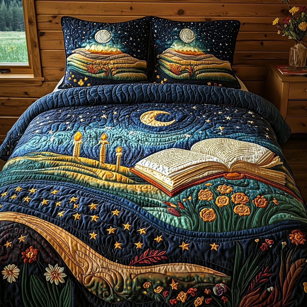 Moonlit Pages quilted 3-piece bedding set on a made bed with two matching pillow shams