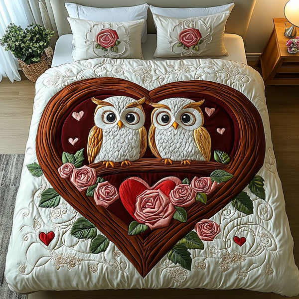 Moonlit Pair quilted 3-piece bedding set on a made bed with two matching pillow shams