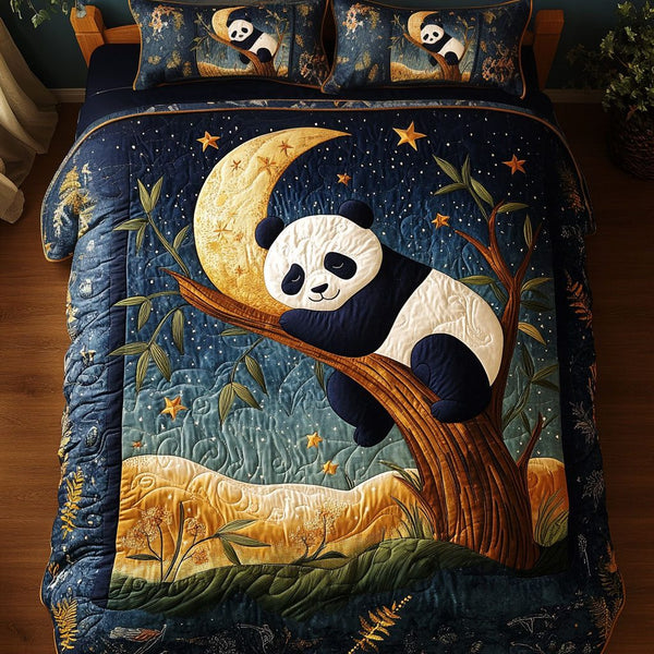 Moonlit Panda Dream quilted 3-piece bedding set on a made bed with two matching pillow shams
