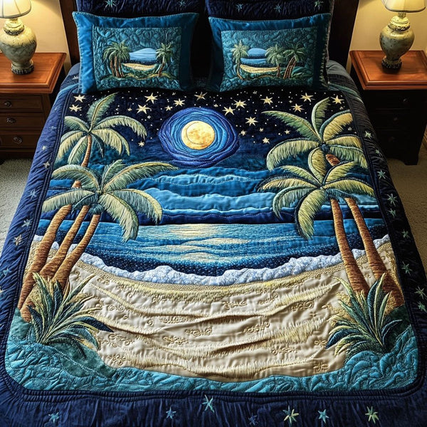 Moonlit Paradise quilted 3-piece bedding set on a made bed with two matching pillow shams