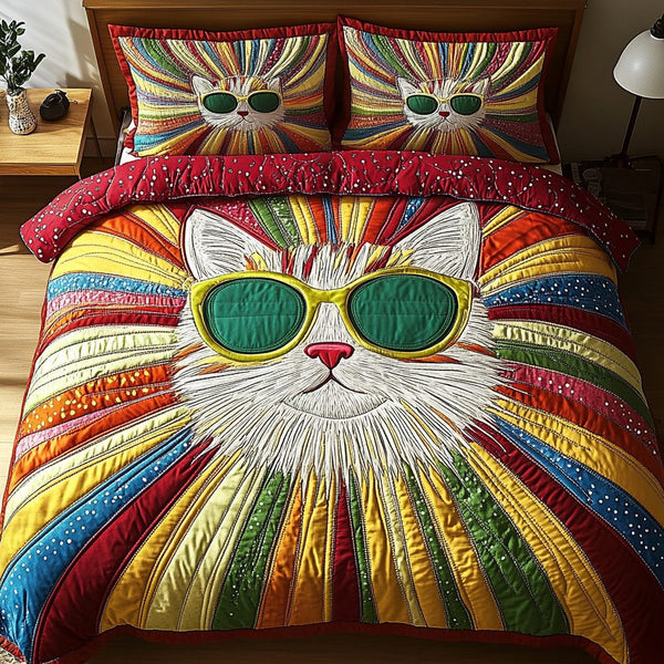 Moonlit Paws quilted 3-piece bedding set on a made bed with two matching pillow shams