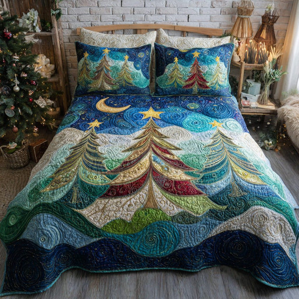 Moonlit Pines quilted 3-piece bedding set on a made bed with two matching pillow shams