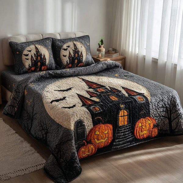 Moonlit Pumpkin Manor quilted 3-piece bedding set on a made bed against a dark styled interior