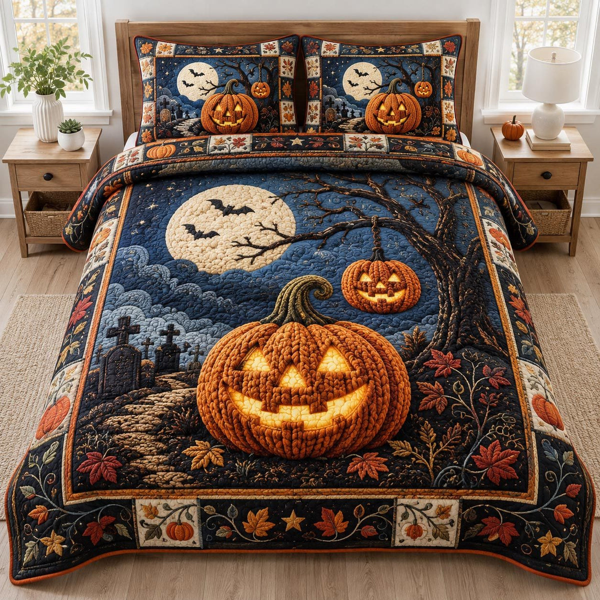 Moonlit Pumpkin quilted 3-piece bedding set on a made bed against a dark styled interior