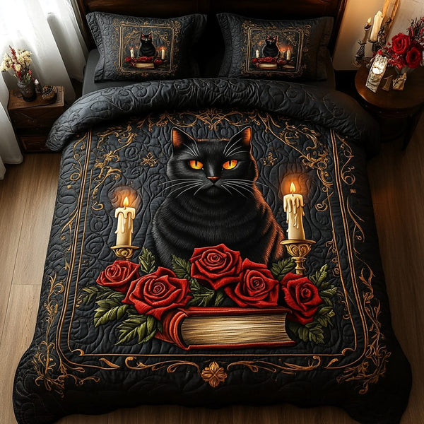 Moonlit Purr quilted 3-piece bedding set on a made bed with two matching pillow shams