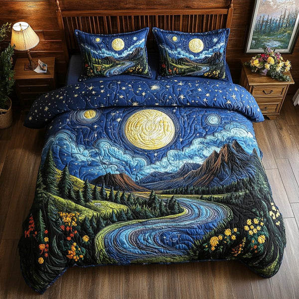 Moonlit River Serenade quilted 3-piece bedding set on a made bed with two matching pillow shams
