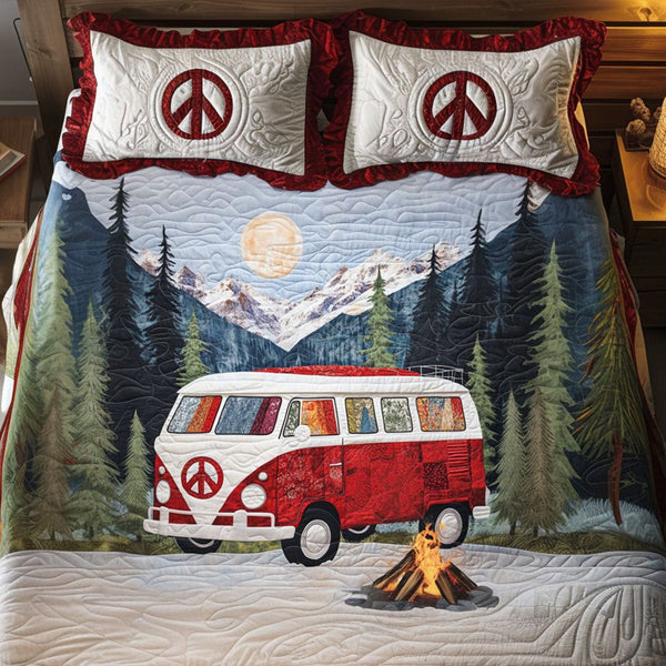 Moonlit Road Trip quilted 3-piece bedding set on a made bed with two matching pillow shams