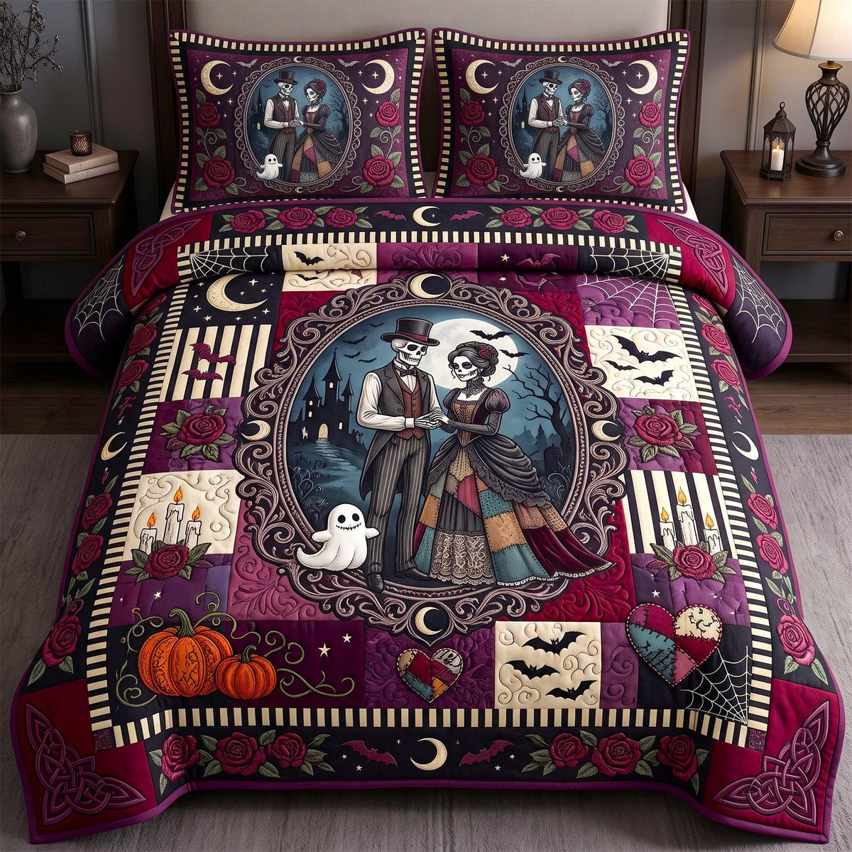 Moonlit Romance quilted 3-piece bedding set on a made bed with two matching pillow shams