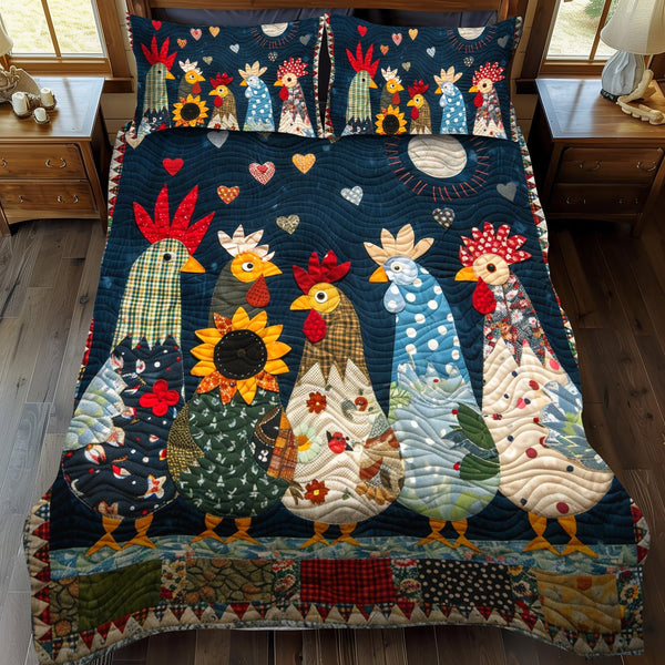 Moonlit Roosters quilted 3-piece bedding set on a made bed with two matching pillow shams