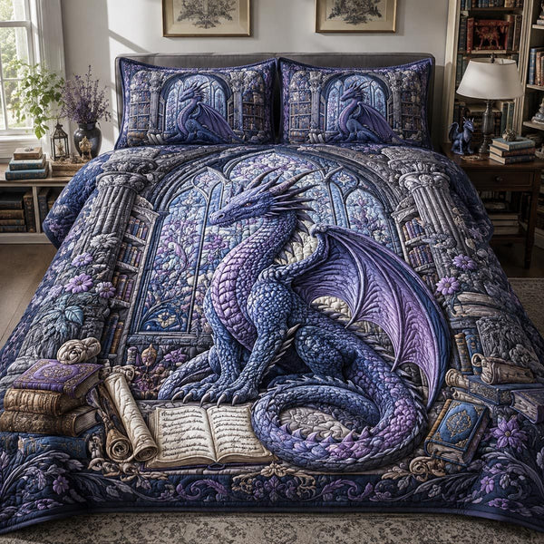 Moonlit Scholar quilted 3-piece bedding set on a made bed with two matching pillow shams