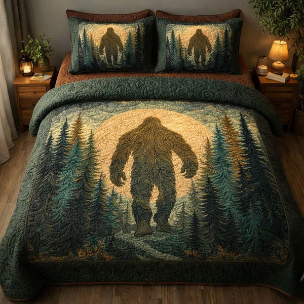 Moonlit Shadow Bigfoot quilted 3-piece bedding set on a made bed with two matching pillow shams
