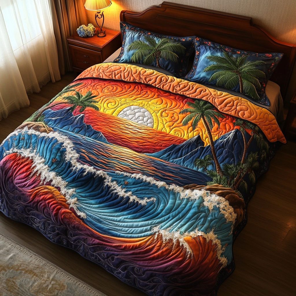 Moonlit Shores quilted 3-piece bedding set on a made bed in a light coastal bedroom