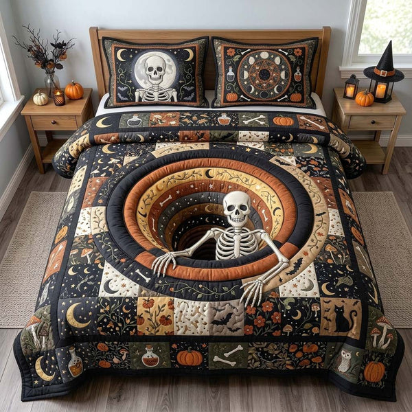 Moonlit Skeleton quilted 3-piece bedding set on a made bed against a dark styled interior