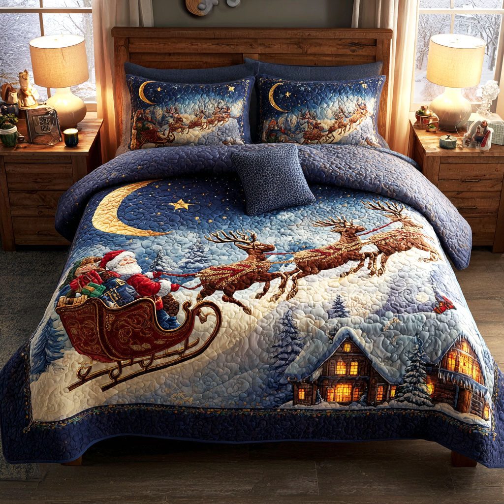 Moonlit Sleigh quilted 3-piece bedding set on a made bed in a winter-styled bedroom