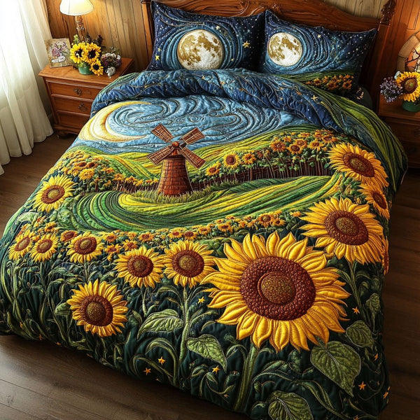 Moonlit Sunflowers quilted 3-piece bedding set on a made bed with two matching pillow shams