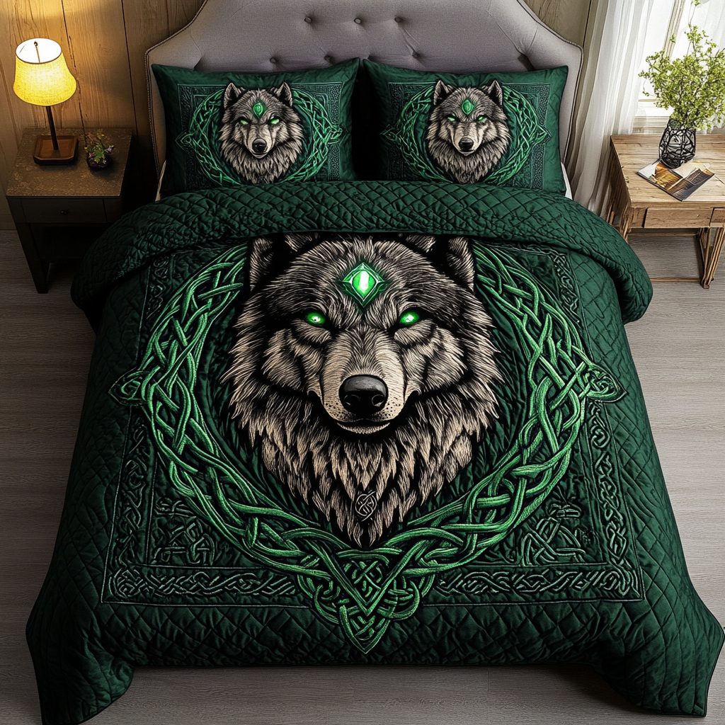 Moonlit Trails quilted 3-piece bedding set on a made bed with two matching pillow shams