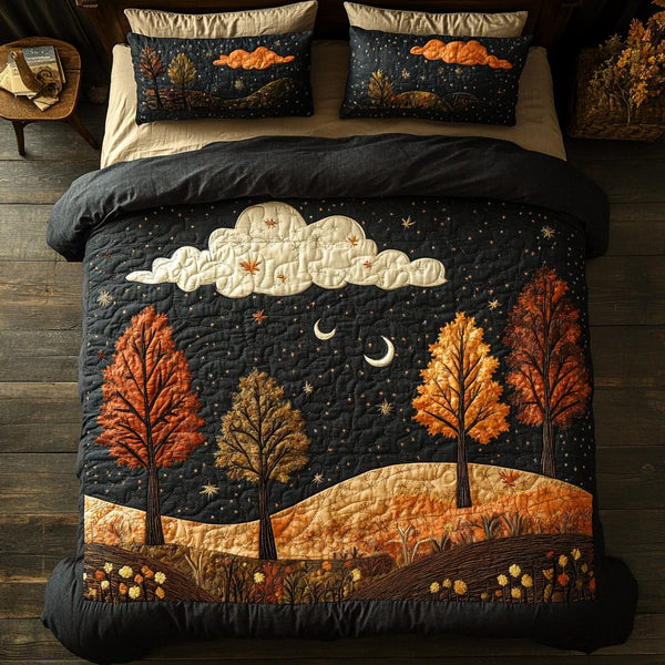 Moonlit Trees quilted 3-piece bedding set on a made bed with two matching pillow shams