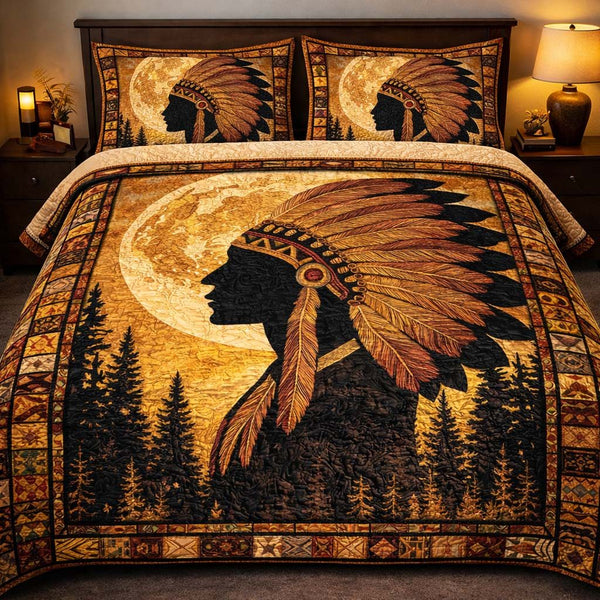 Moonlit Tribal Chief quilted 3-piece bedding set on a made bed with two matching pillow shams
