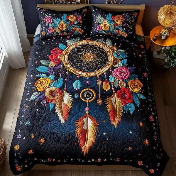 Moonlit Visions quilted 3-piece bedding set on a made bed with two matching pillow shams