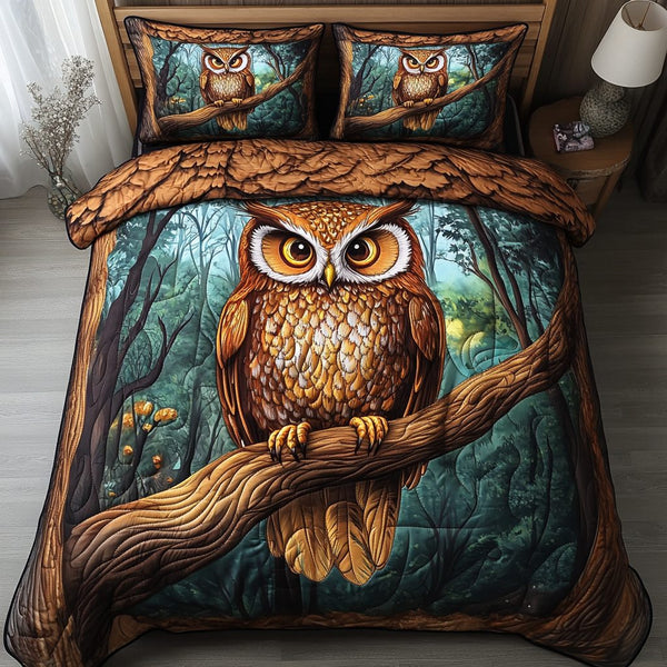 Moonlit Watcher quilted 3-piece bedding set on a made bed with two matching pillow shams