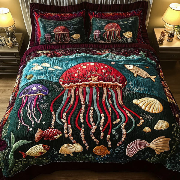 Moonlit Waves quilted 3-piece bedding set on a made bed in a light coastal bedroom