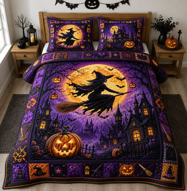 Moonlit Witch Flight quilted 3-piece bedding set on a made bed against a dark styled interior
