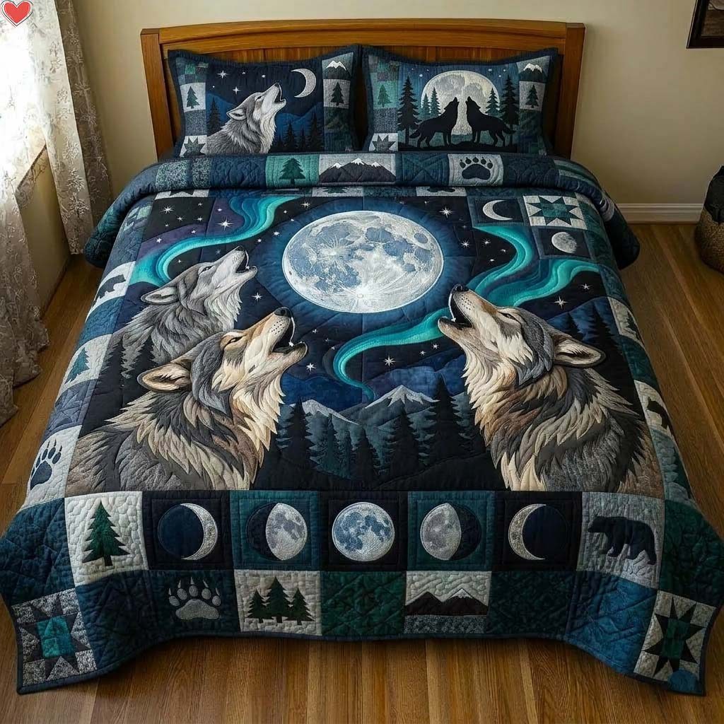Moonlit Wolf quilted 3-piece bedding set on a made bed with two matching pillow shams
