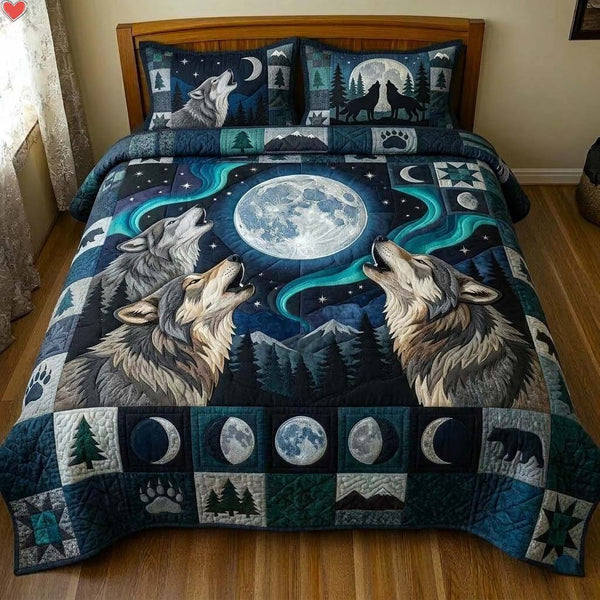 Moonlit Wolf quilted 3-piece bedding set on a made bed with two matching pillow shams