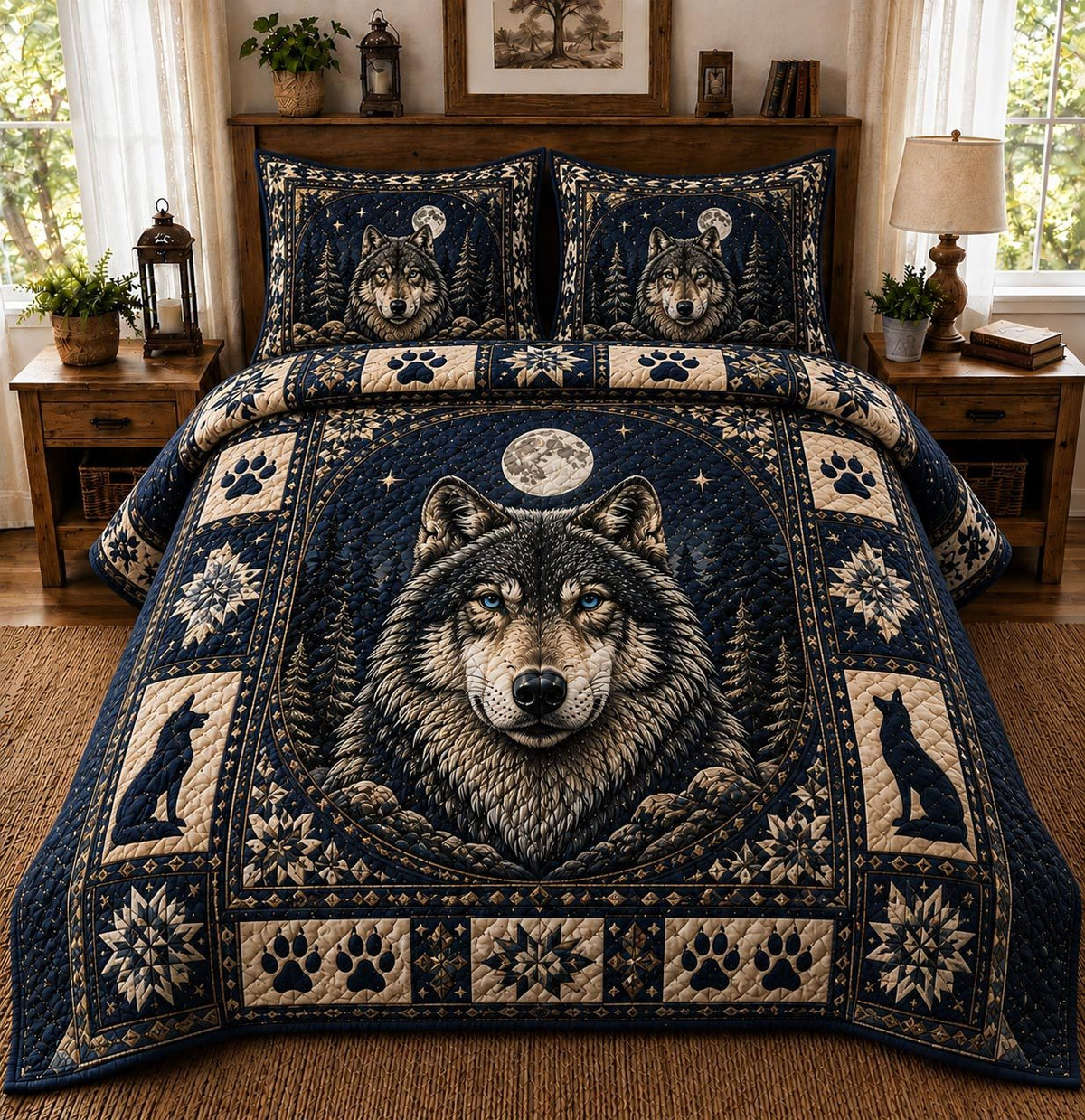Moonlit Wolf quilted 3-piece bedding set on a made bed with two matching pillow shams