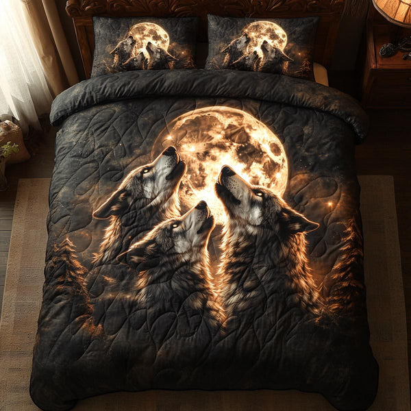 Moonlit Wolf quilted 3-piece bedding set on a made bed with two matching pillow shams