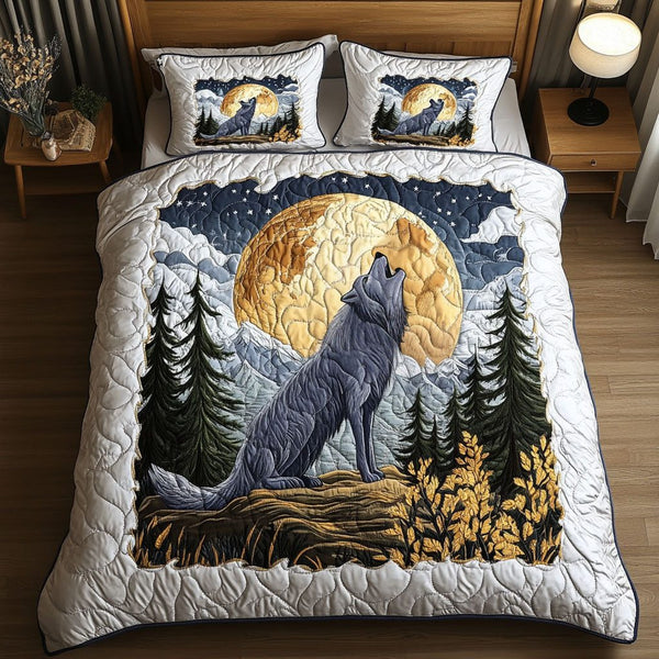 Moonlit Wolf quilted 3-piece bedding set on a made bed with two matching pillow shams