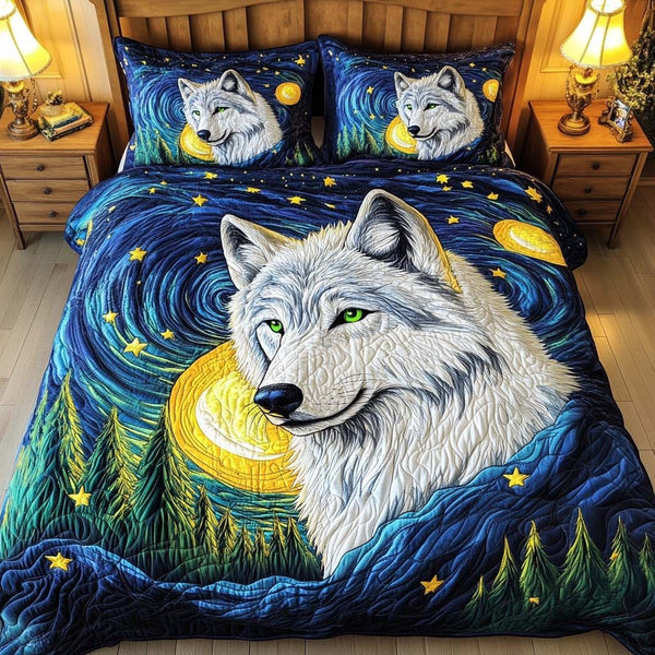 Moonlit Wolf quilted 3-piece bedding set on a made bed with two matching pillow shams