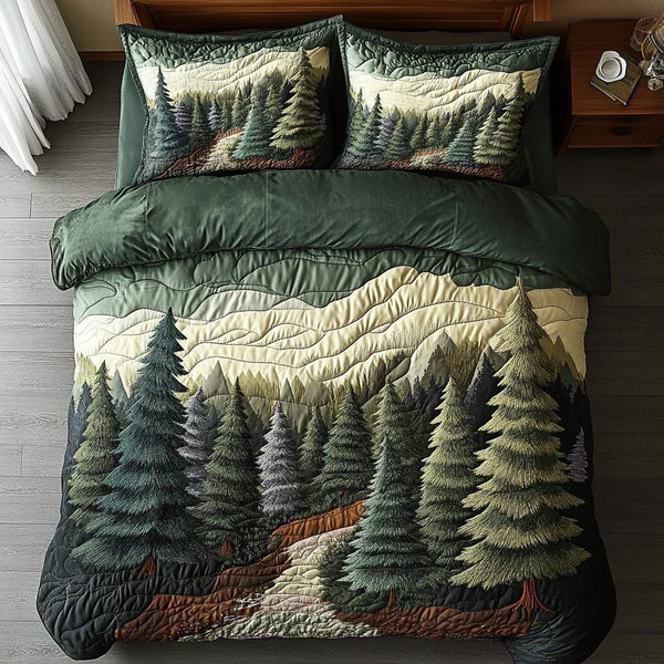 Moonlit Woods quilted 3-piece bedding set on a made bed with two matching pillow shams