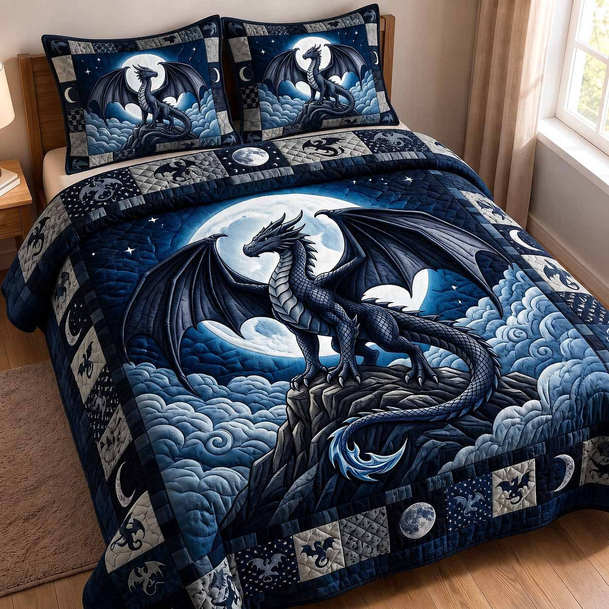 Moonshadow Dragon quilted 3-piece bedding set on a made bed with two matching pillow shams