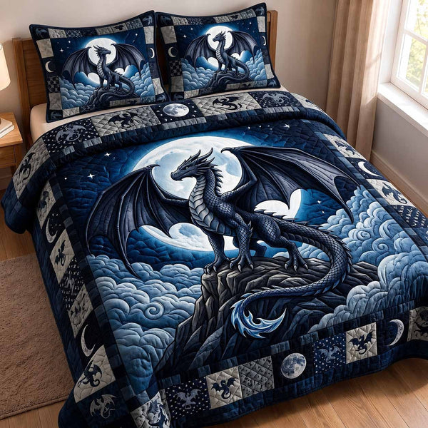 Moonshadow Dragon quilted 3-piece bedding set on a made bed with two matching pillow shams