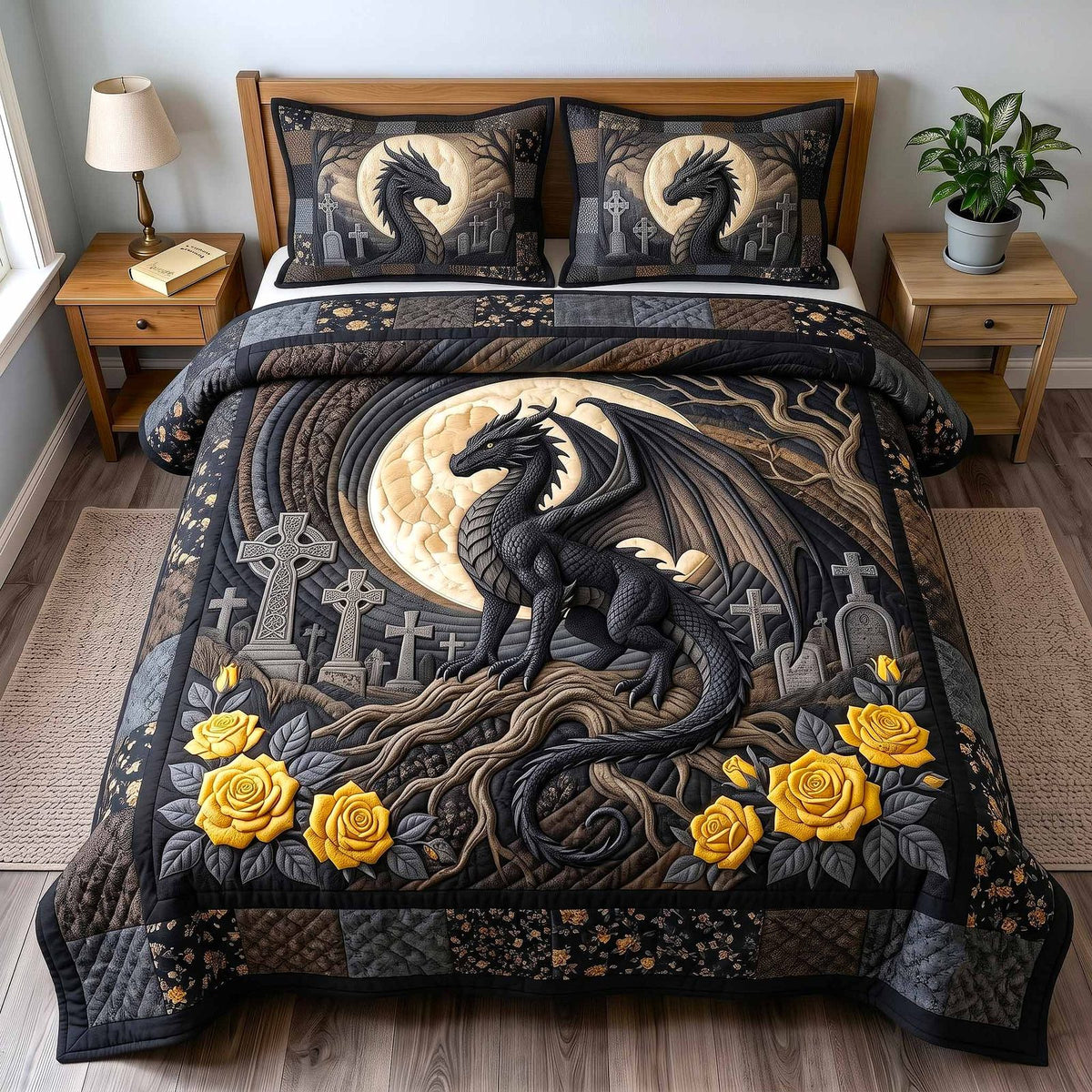 Moonshadow Dragon quilted 3-piece bedding set on a made bed with two matching pillow shams