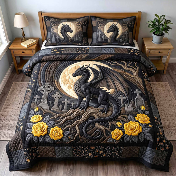 Moonshadow Dragon quilted 3-piece bedding set on a made bed with two matching pillow shams