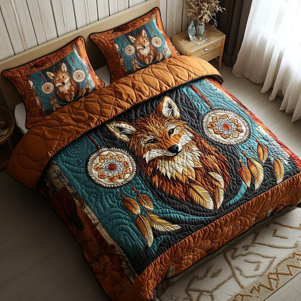 Moonshadow Runner quilted 3-piece bedding set on a made bed with two matching pillow shams