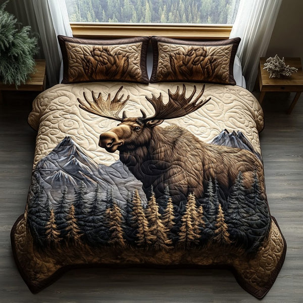 Moose Charm quilted 3-piece bedding set on a made bed with two matching pillow shams