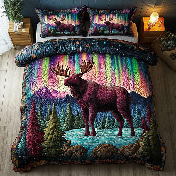 Moose Haven quilted 3-piece bedding set on a made bed with two matching pillow shams