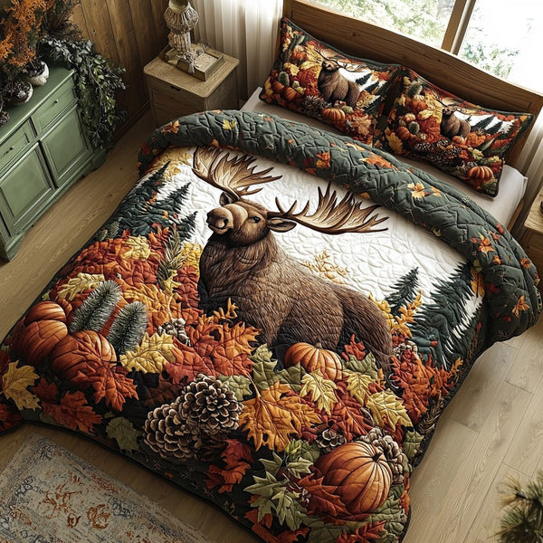 Moose Meadow quilted 3-piece bedding set on a made bed with two matching pillow shams