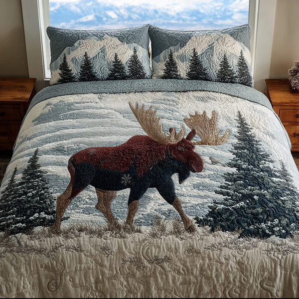 Moose Path quilted 3-piece bedding set on a made bed with two matching pillow shams